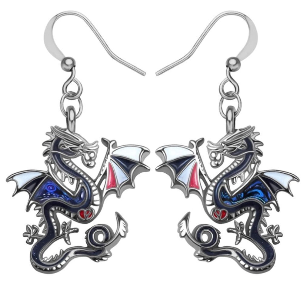 Silver and Multicolor Enamel Mythical Dragon Dangling French Wire Hook Earrings